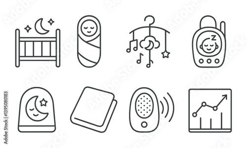 Baby sleep essentials icon set: crib, swaddle, mobile, monitor, nightlight, chart