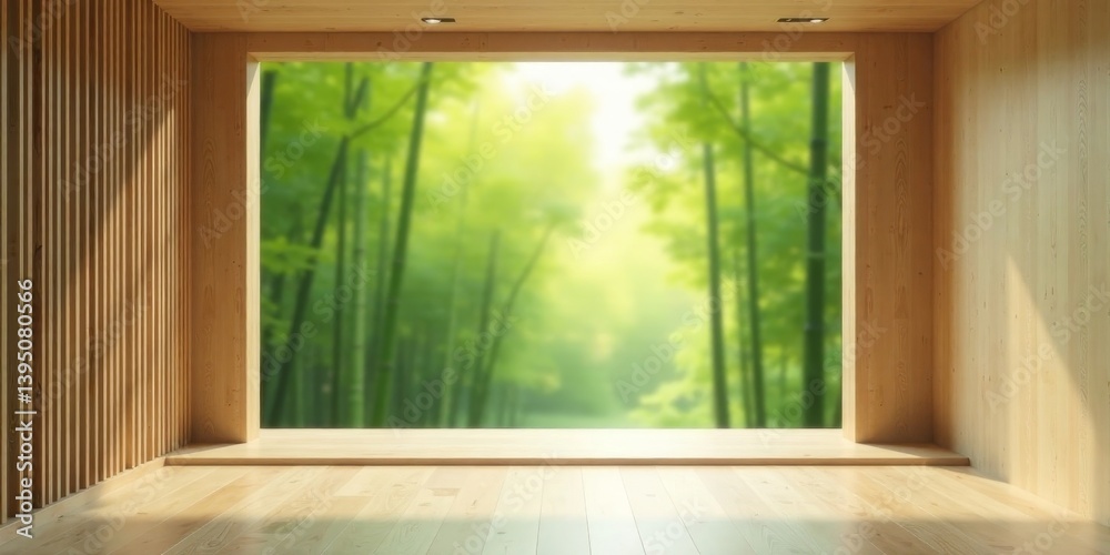 Fototapeta premium Serene wooden interior with a large window showcasing a lush, vibrant forest backdrop