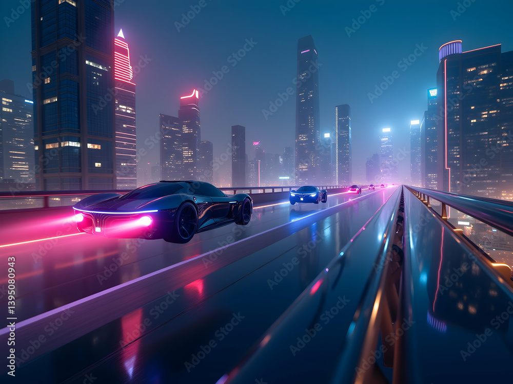 Fototapeta premium Futuristic cityscape with glowing neon lights and sleek, high tech cars speeding along a futuristic highway at night, showcasing advanced urban transportation