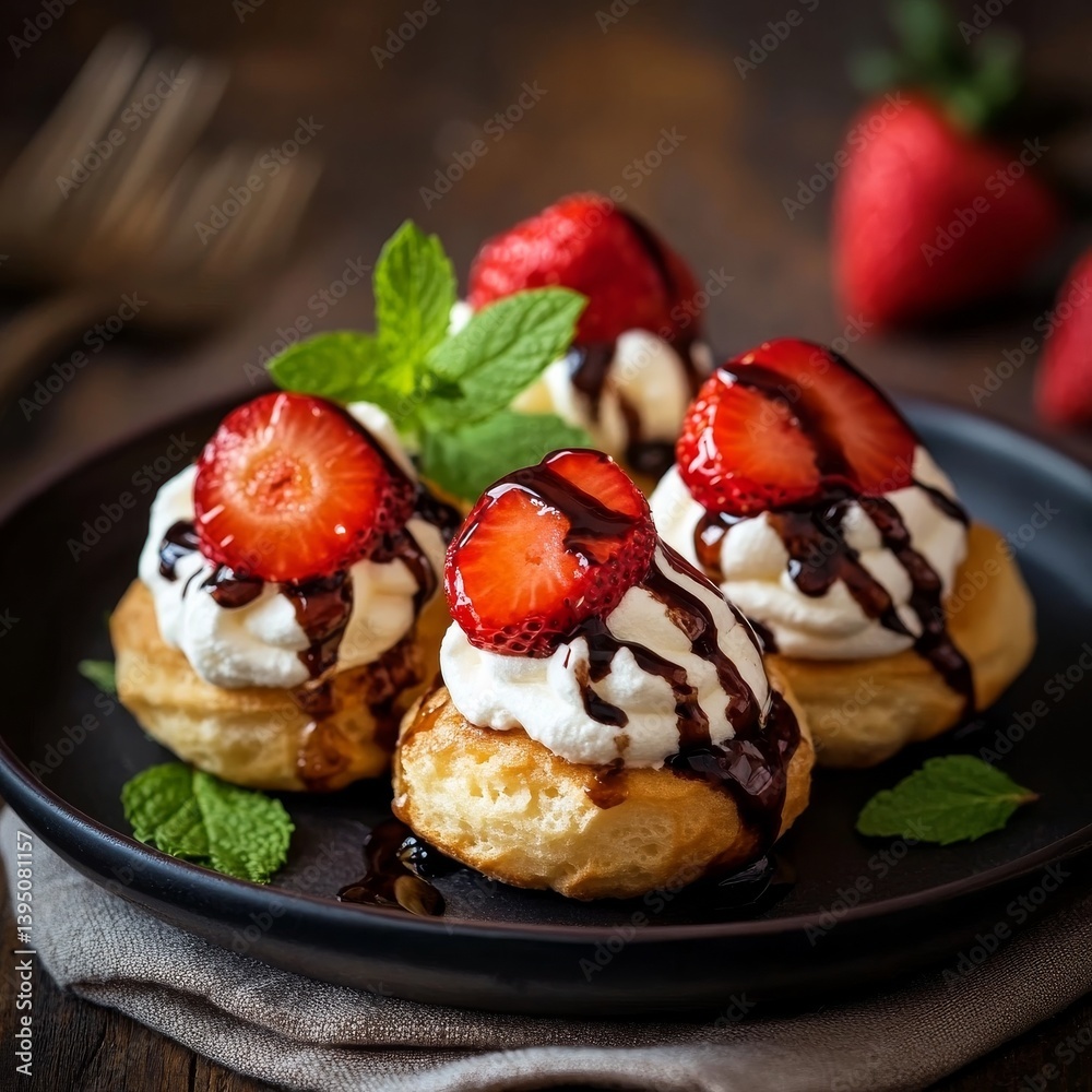 Profiteroles: cream, strawberries, mint. Gourmet dessert. Selective focus.