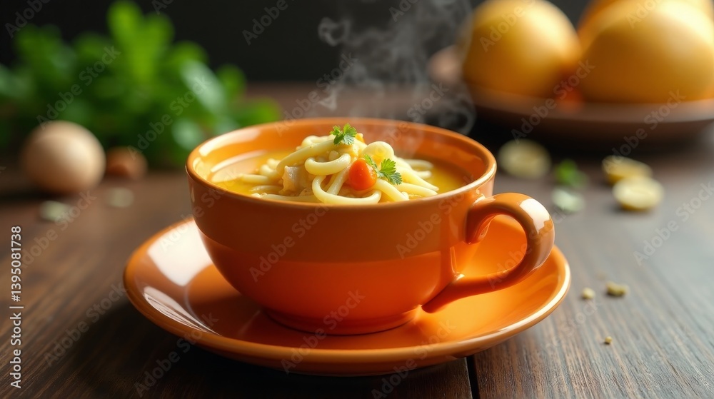 Aromatic Chicken Noodle Soup in a Cozy Orange Mug, Steaming on a Rustic Wooden Table with Fresh Herbs Nearby Aromatic Chicken Noodle Soup in a Cozy Orange Mug, Steaming on a Rustic Wooden Table with Fresh Herbs Nearby