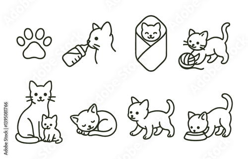 Cute cat activity icons set - linear design