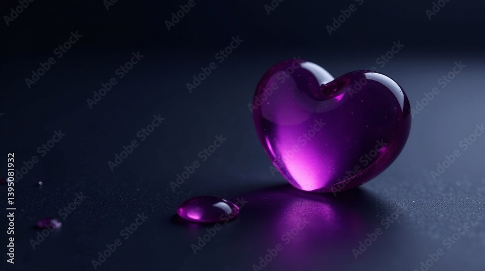 Obraz premium A Vibrant Purple Glass Heart Reflects on a Dark Surface with Tiny Droplets