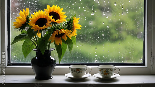 Sunflowers and Teacups by Rainy Window