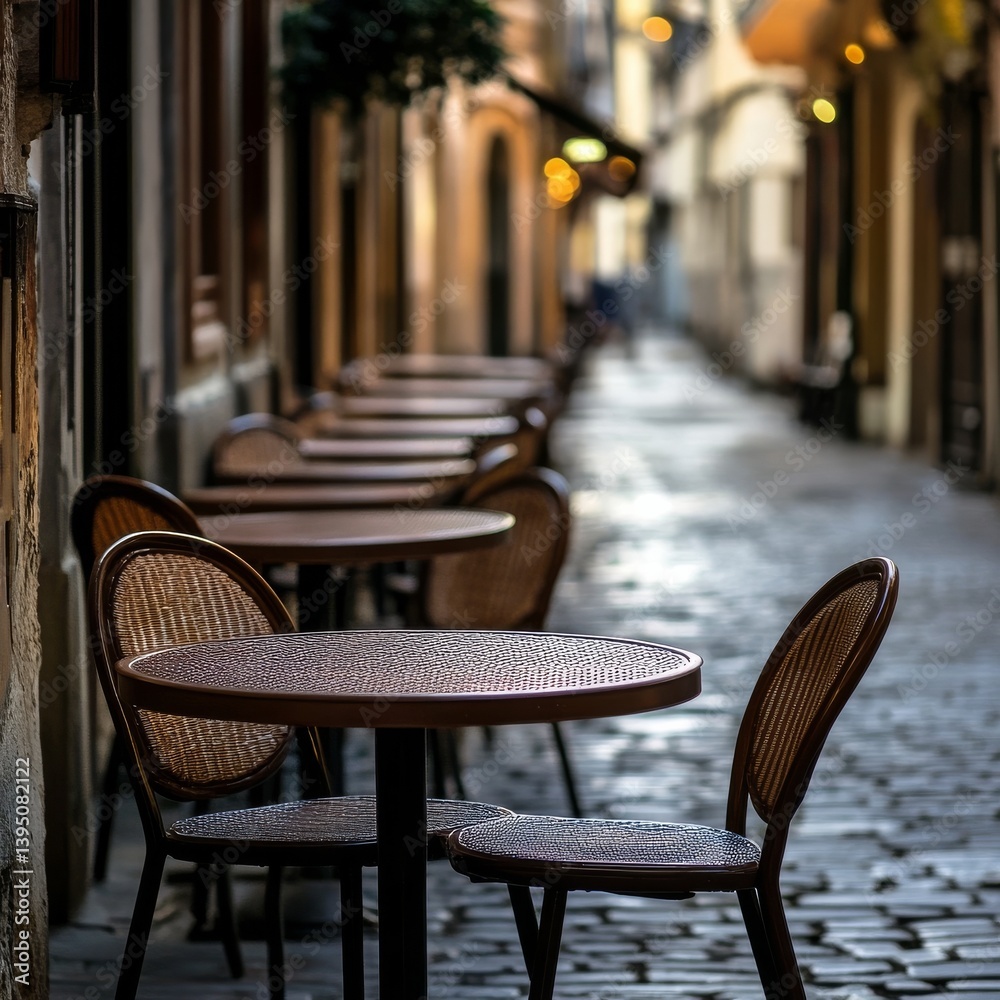 Empty tables & chairs at cafe.