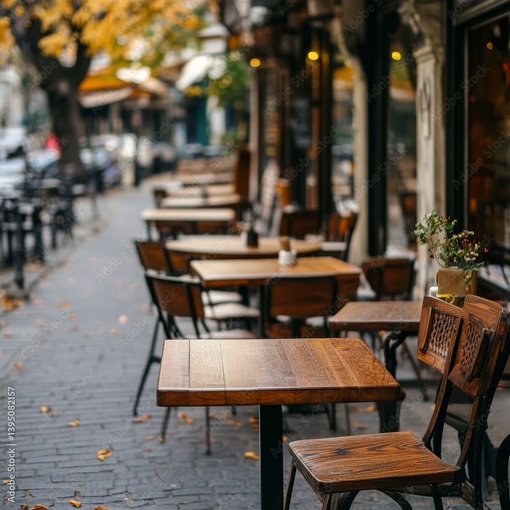 Street cafe: vacant tables, chairs.