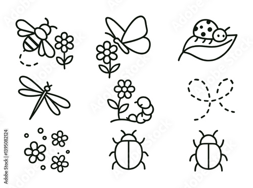 Linear insects icon set: butterflies, beetles, bees, caterpillars, ladybugs and flowers