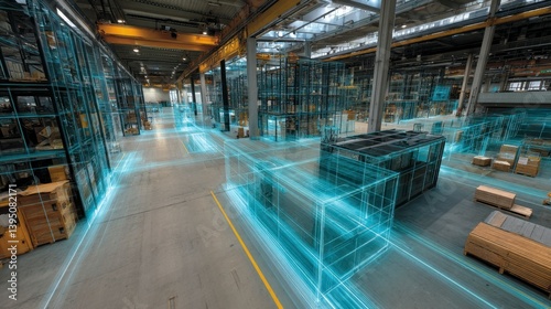 Warehouse interior with digital mapping overlay, showing cyan 3D models of objects and pathways.