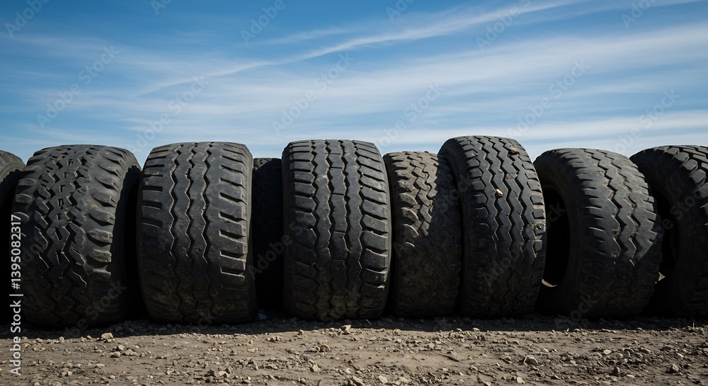 Obraz premium Used tires neatly stacked outdoors bright sunlight. AI Generated