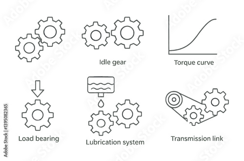 Mechanical engineering linear icons set: gears, torque curve, load bearing, lubrication, transmission
