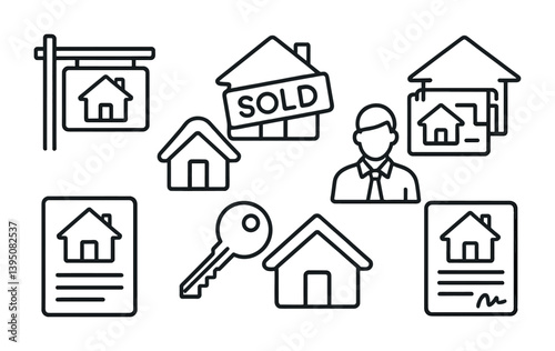 Real estate icons set: linear style for home buying and selling themes