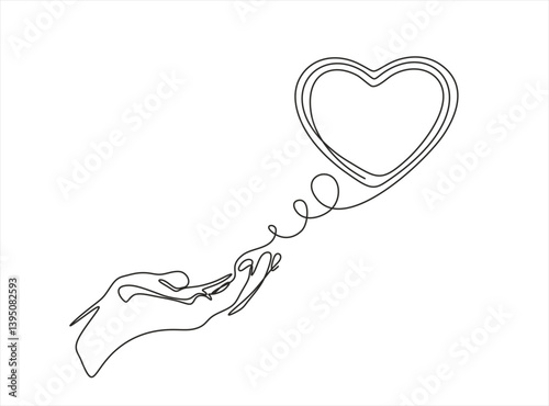 One continuous line drawing of hands holding heart. Concept of love relationship and volunteer organisation symbol in simple linear style. Editable stroke. Doodle Vector illustration