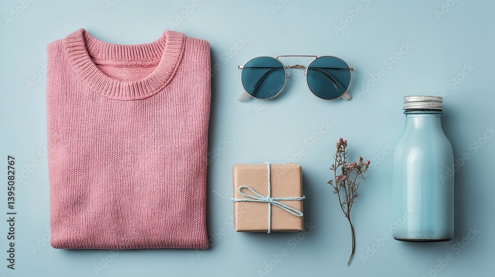 Flat lay with pink sweater and gift box for cozy fashion campaigns and feminine seasonal promotion
