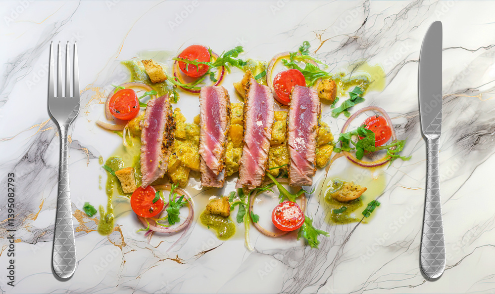 tuna steak on orange salad with pistachios and toasted bread