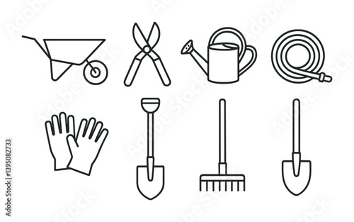 Linear gardening tools icon set: essential garden equipment collection