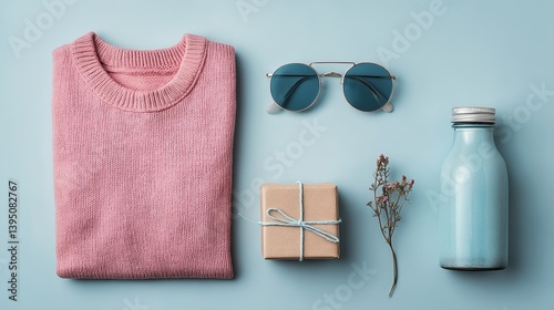 Obraz na płótnie Flat lay with pink sweater and gift box for cozy fashion campaigns and feminine seasonal promotion w salonie