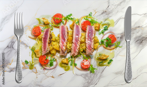 Obraz na płótnie tuna steak on orange salad with pistachios and toasted bread w salonie