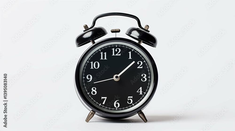Classic Black Alarm Clock on White Background – Minimal Vintage Timepiece Classic Black Alarm Clock on White Background – Minimal Vintage Timepiece