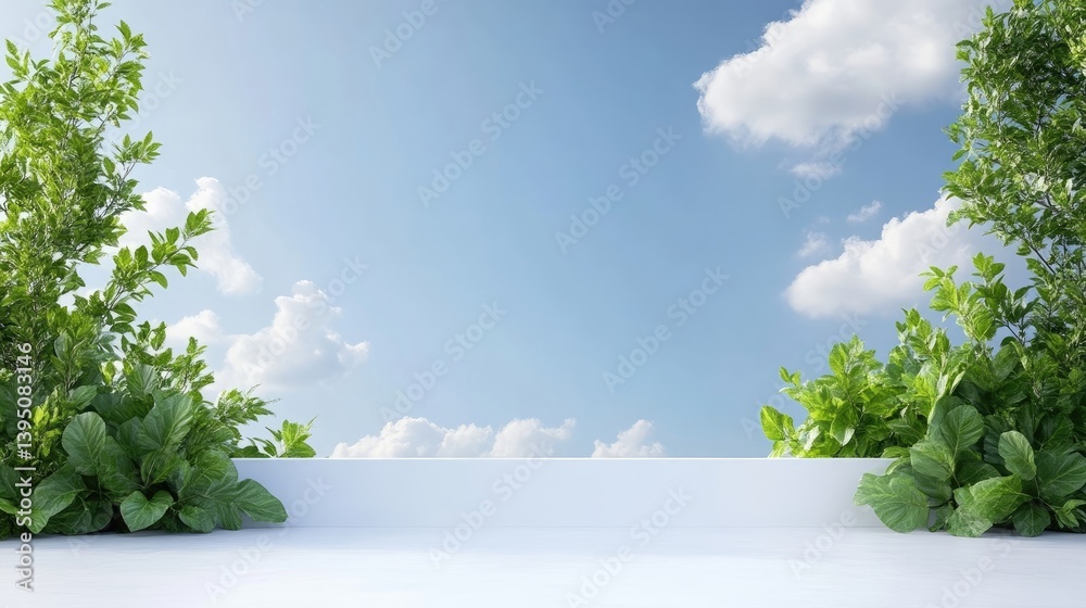 Obraz premium Empty white platform surrounded by lush greenery, clear blue sky with fluffy clouds