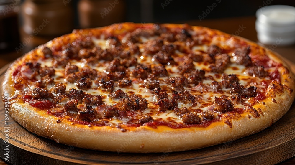 Hearty meat pizza on a wooden board