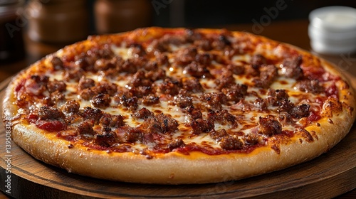 Obraz na płótnie Hearty meat pizza on a wooden board w salonie