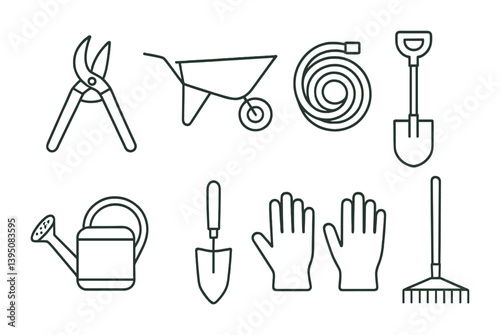 Linear garden tool icons set: pruner, wheelbarrow, hose, shovel, watering can