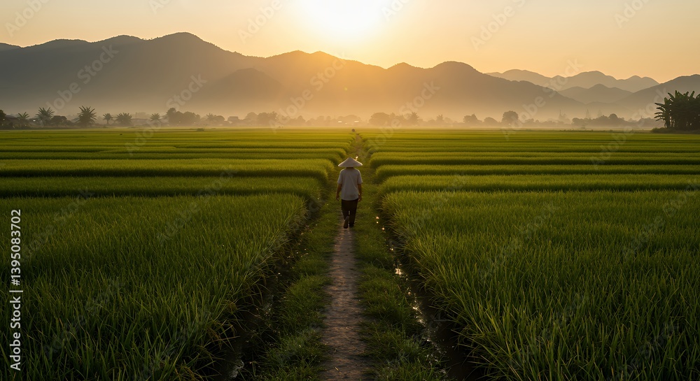 Fototapeta premium Person Walking Through Rice Field at Sunrise with Mountain Backdrop