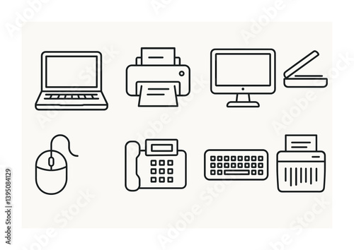 Office equipment linear icons set: laptop, printer, monitor, scanner, mouse, phone, keyboard, shredder