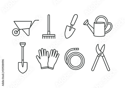 Gardening tools icons set: linear style featuring essential tools for garden care