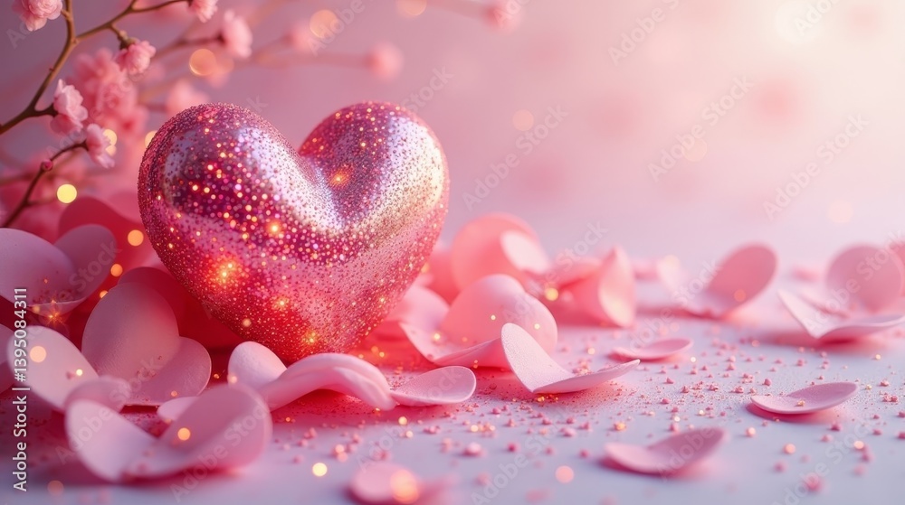 Sparkling Pink Heart Amidst Delicate Petals and Glimmering Lights, a Symbol of Love and Affection