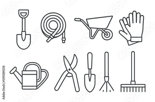 Essential gardening tools linear icons set for horticulture and landscaping design