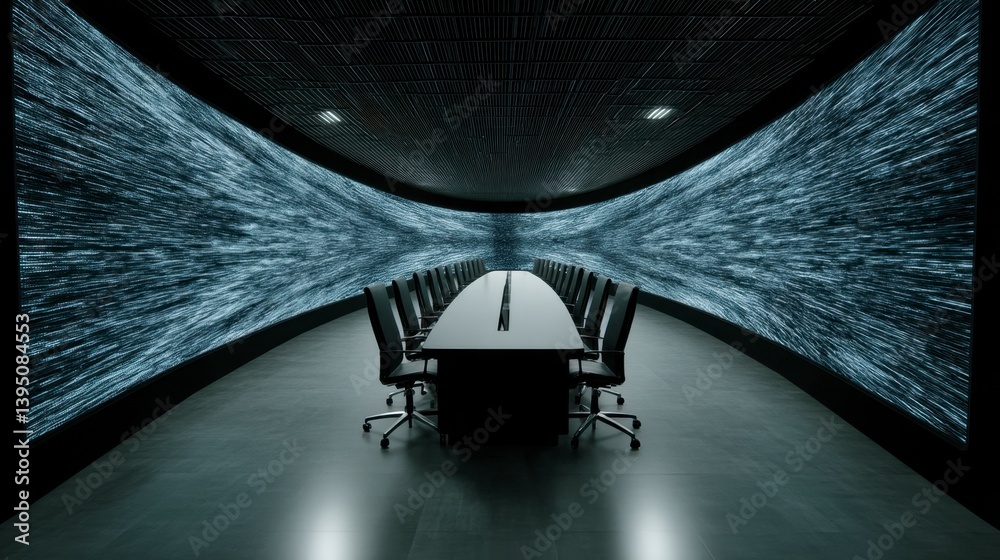 Futuristic conference room with a large curved screen displaying abstract data patterns. Dark, sleek design.