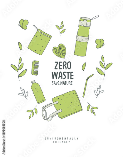 Vector hand drawn cartoon sketch of glass bottle, cotton bowl, paper straw, biodegradable bag and wooden comb with green leaves and  Zero waste and Sustainable lifestyle. Plastic free