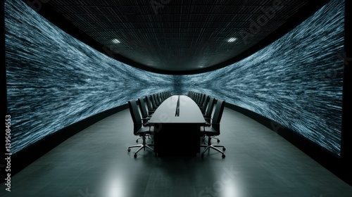 Obraz na płótnie Futuristic conference room with a large curved screen displaying abstract data patterns. Dark, sleek design. w salonie