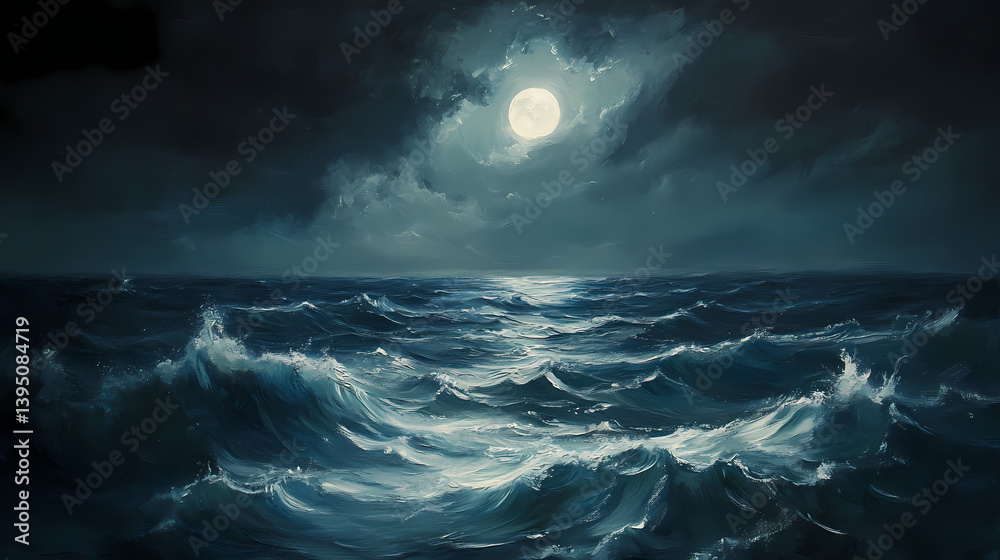 Fototapeta premium A moonlit sea veiled in mist offers a serene and mysterious atmosphere. Veiled Ocean. Illustration