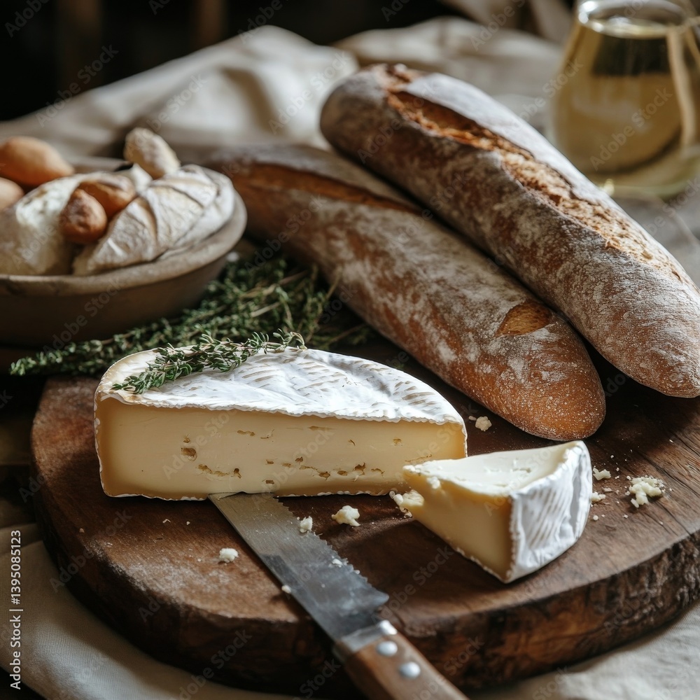 Cheese, baguette on a wood cutter.