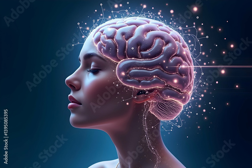 Futuristic high tech illustration showcasing the intricate workings of a human brain with advanced neural connections and a subtle feminine silhouette profile