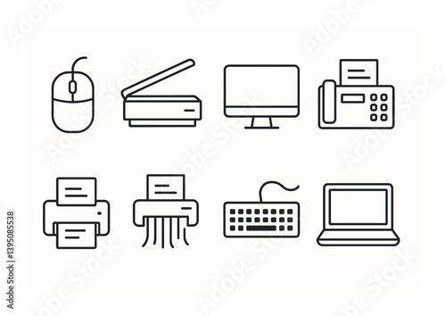 Office equipment icons set: linear style for modern workspace needs