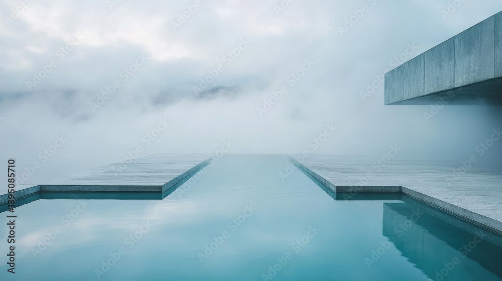 Obraz premium Minimalist infinity pool design merging into the foggy horizon in serene architectural setting