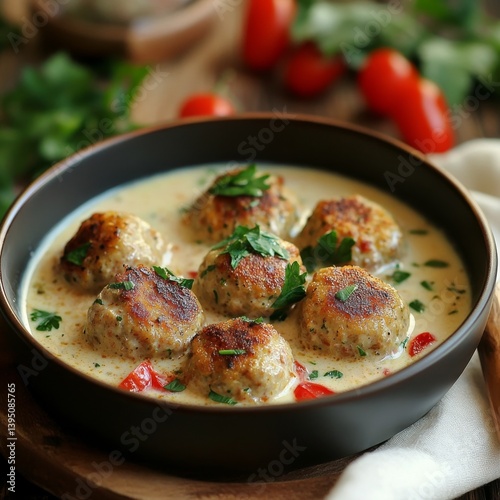Chicken meatballs in milk sauce, on table.
