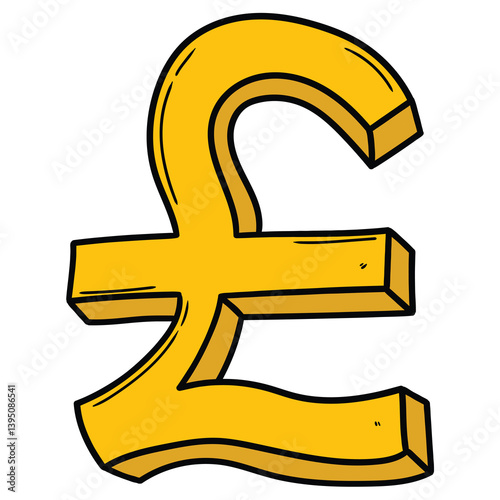 Hand drawn cartoon golden pound sterling sign on white background.