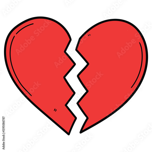 Hand drawn cartoon red broken heart on white background.