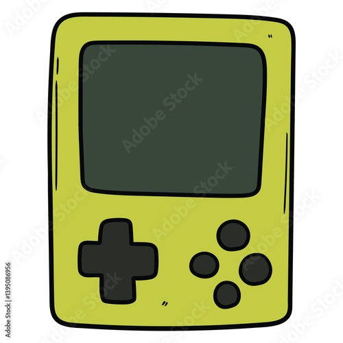 Hand drawn cartoon portable video game green console on white background.