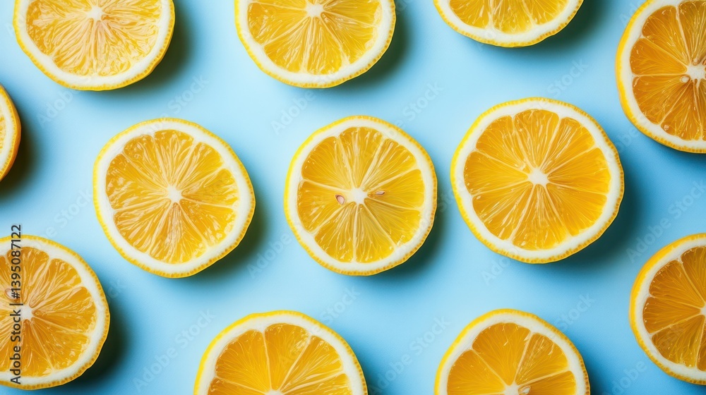 Lemon slices arranged in a circular pattern on a light blue background, creating a vibrant and graphic composition. Lemon slices arranged in a circular pattern on a light blue background, creating a vibrant and graphic composition.