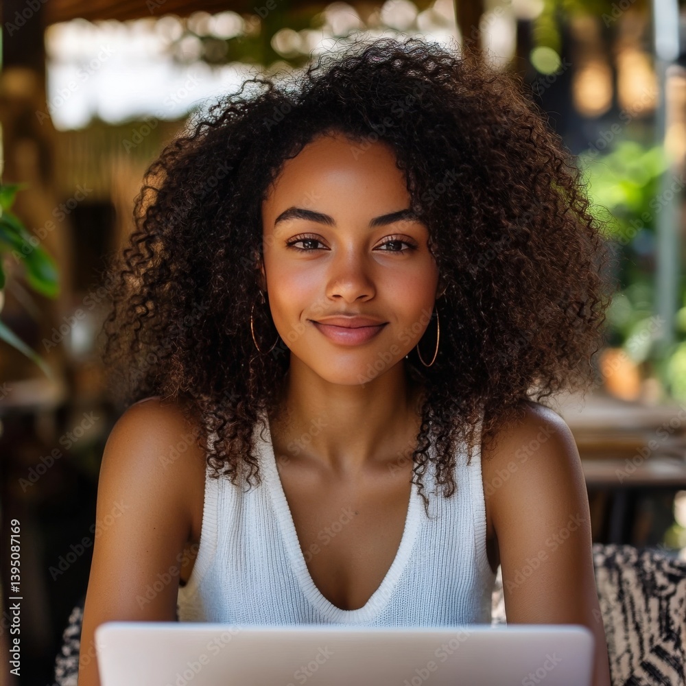 Young Black woman with curls using laptop, looking at camera. Young Black woman with curls using laptop, looking at camera.
