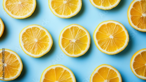 Lemon slices arranged in a circular pattern on a light blue background, creating a vibrant and graphic composition. 