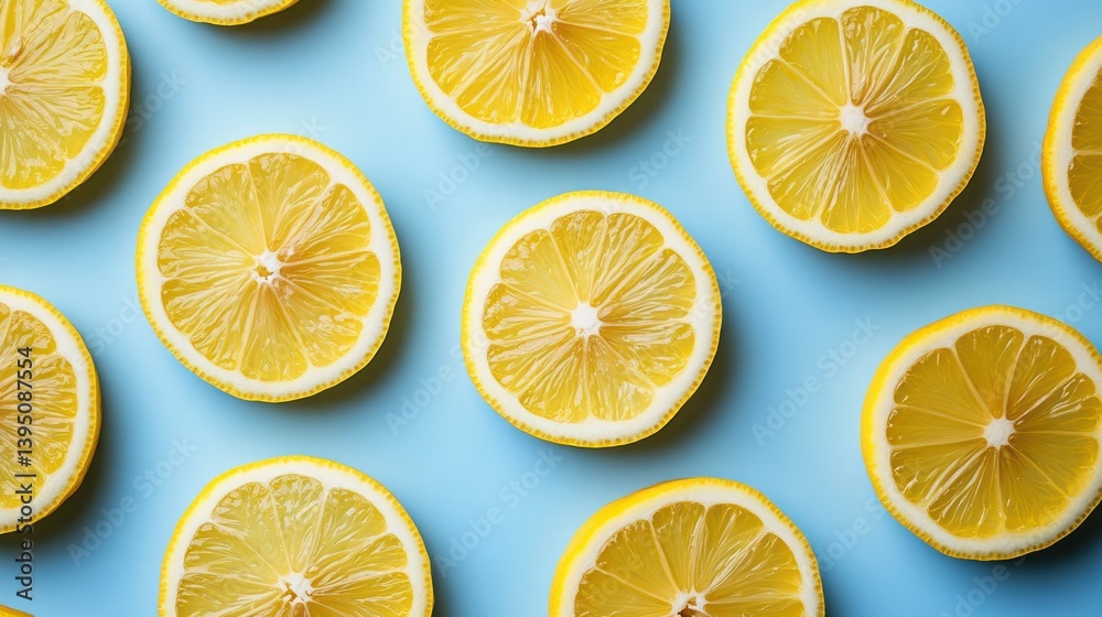 Lemon slices arranged in a circular pattern on a light blue background, creating a vibrant and graphic composition. Lemon slices arranged in a circular pattern on a light blue background, creating a vibrant and graphic composition.