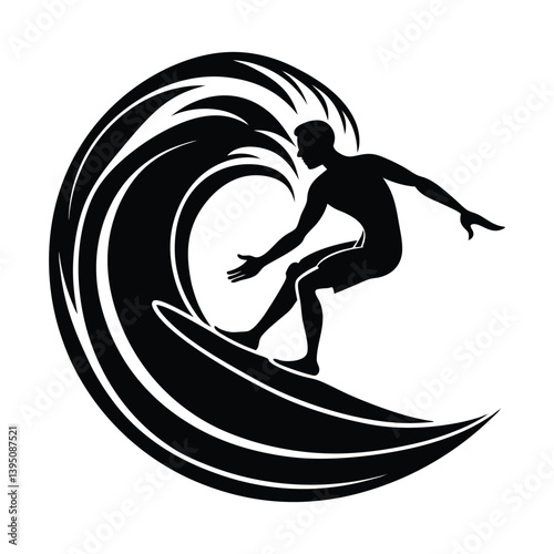 Surfer riding stylized wave on white background