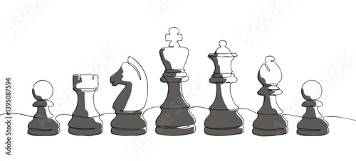 A stylish one-line digital drawing of chess pieces, including the king, queen, knight, and others, featuring black-and-white shading for depth.