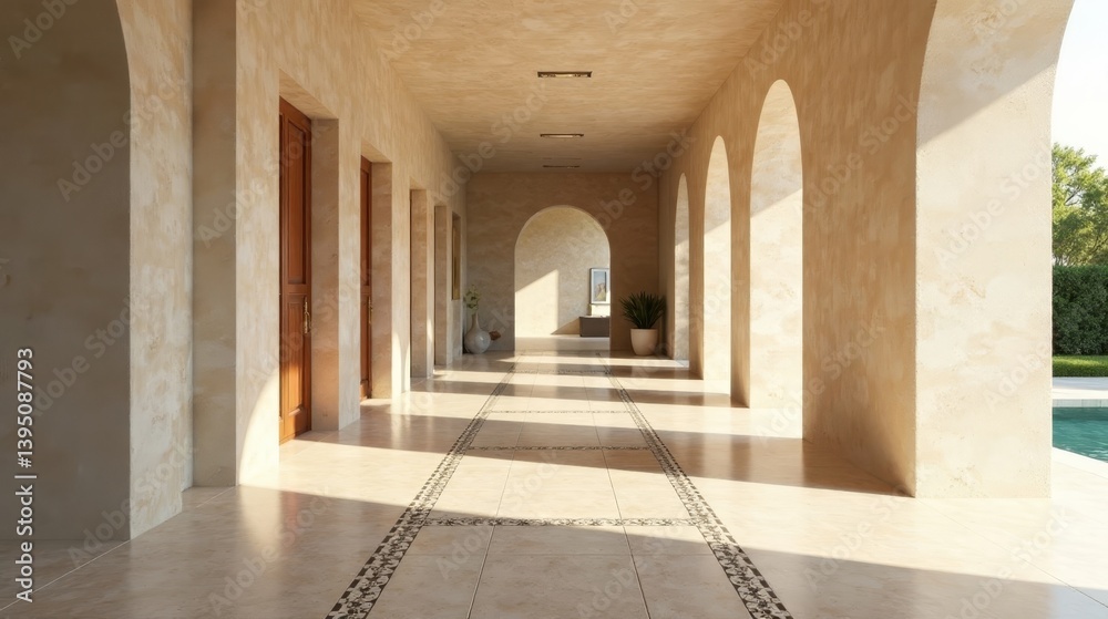Fototapeta premium Sunlit Colonnade with Beige Walls and Tile Floor Leading to Outdoor Pool Area